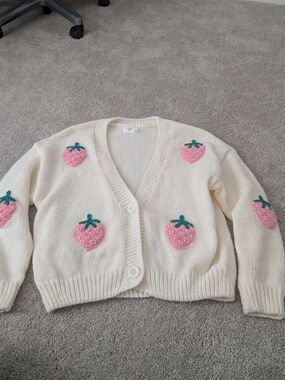Luna Ivy 3D Knit Off White Pink Strawberry Cardigan Sweater Large